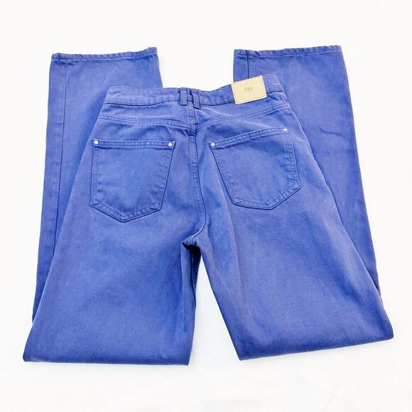 Zara Wide Leg Zip Flky Denim Dyed High Rise Jeans Blue Size 06 - Picture 8 of 9